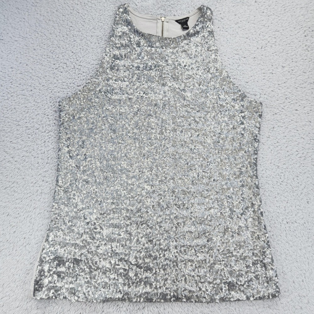 Ann Taylor Tank Top Womens Medium Silver Sequin High Neck Party Lined Sleeveless